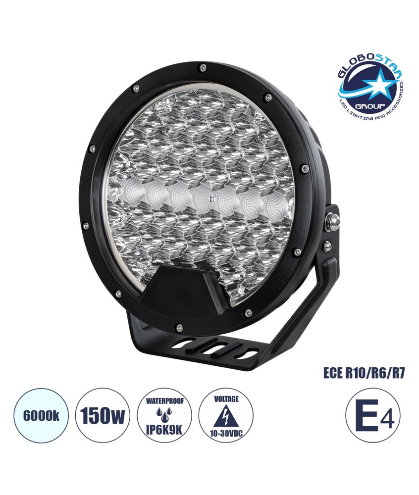 GloboStar® 85337 E4 Mark Vehicle & JEEP Work Lights - Φώτα Εργασίας για Οχήματα και JEEP LED High Power 150W DC 10-30V Αδιάβροχo IP6K9K Ψυχρό Λευκό 6000K M22 x Π7 x Υ23.5cm